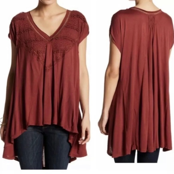FREE PEOPLE ABIGAIL Lace Detail Swing Tee - Picture 1 of 9